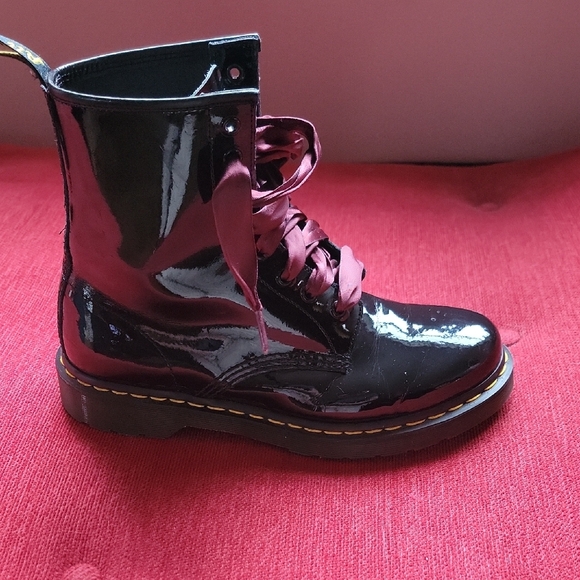 Doc Marten Womens High Gloss Black with Burgundy Laces Boots - Picture 3 of 8